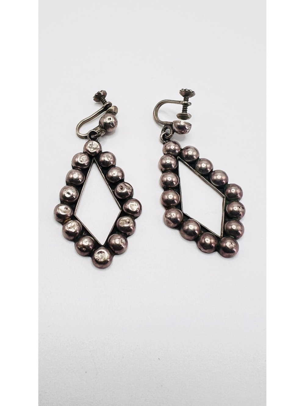 Vintage Mexican Sterling Silver Beaded Teardrop Screw Back Earrings 10.48g